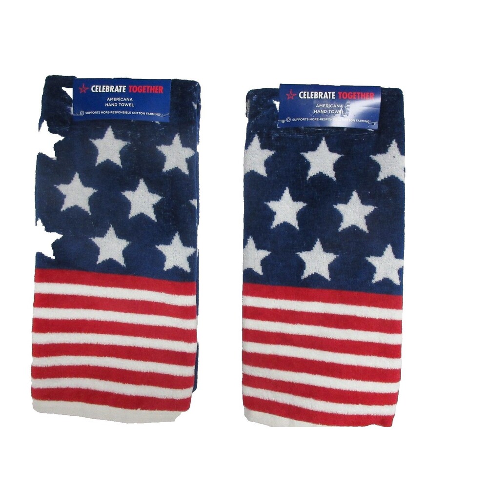 2Pcs Patriotic Hand Towels 4th of July Americana Blue White Star Cotton Bathroom